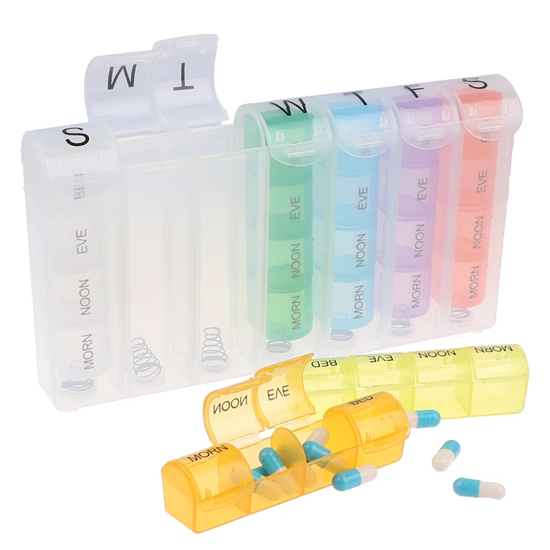 Коробка для таблеток пластиковая с 28 отделениями цветной диспенсер 7 дней на