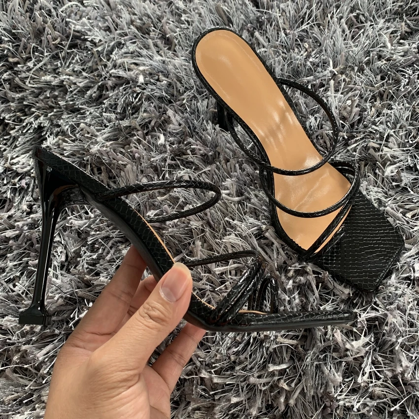 2020 Summer Pumps Sexy snake print Slippers Sandals Shoes Women Thin High Heels Square Toe Sandal Lady Pump Shoes Mules