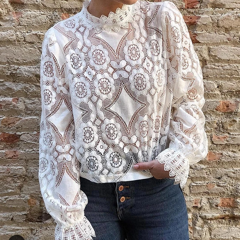  Women Sexy Lace Hollow Out Blouse Office Ladies Long Sleeve Stand Collar Solid Shirt And Tops 2019 