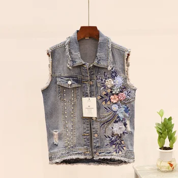 

Korean Fashion Women Jeans Vest Waistcoat Beading Flower Applique Frayed Slim Denim Vests Female Casual Sleeveless Jacket Coat