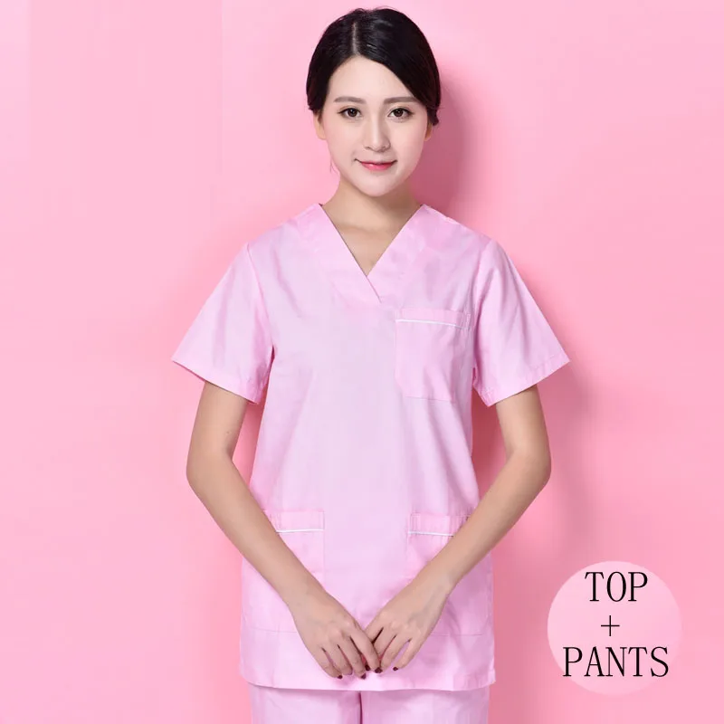 Размер штекера, S-4XL, медицинская форма, короткий рукав, чистый хлопок, скрабы для женщин, v-образный вырез, топ, доктор, медсестры, брюки, стоматолог, рабочая одежда для больниц - Цвет: pink set