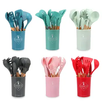 

Silicone Cooking Utensils Set Non-stick Spatula Soup Spoon Wooden Handle with Storage Box Kitchen Tools Set Gifts for Mother