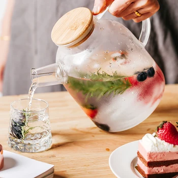 

Transparent Glass Teapot Large Capacity Heat-resistant Filter Wooden Cover Flower Tea Kettle Cold Water Bottle Juice Container