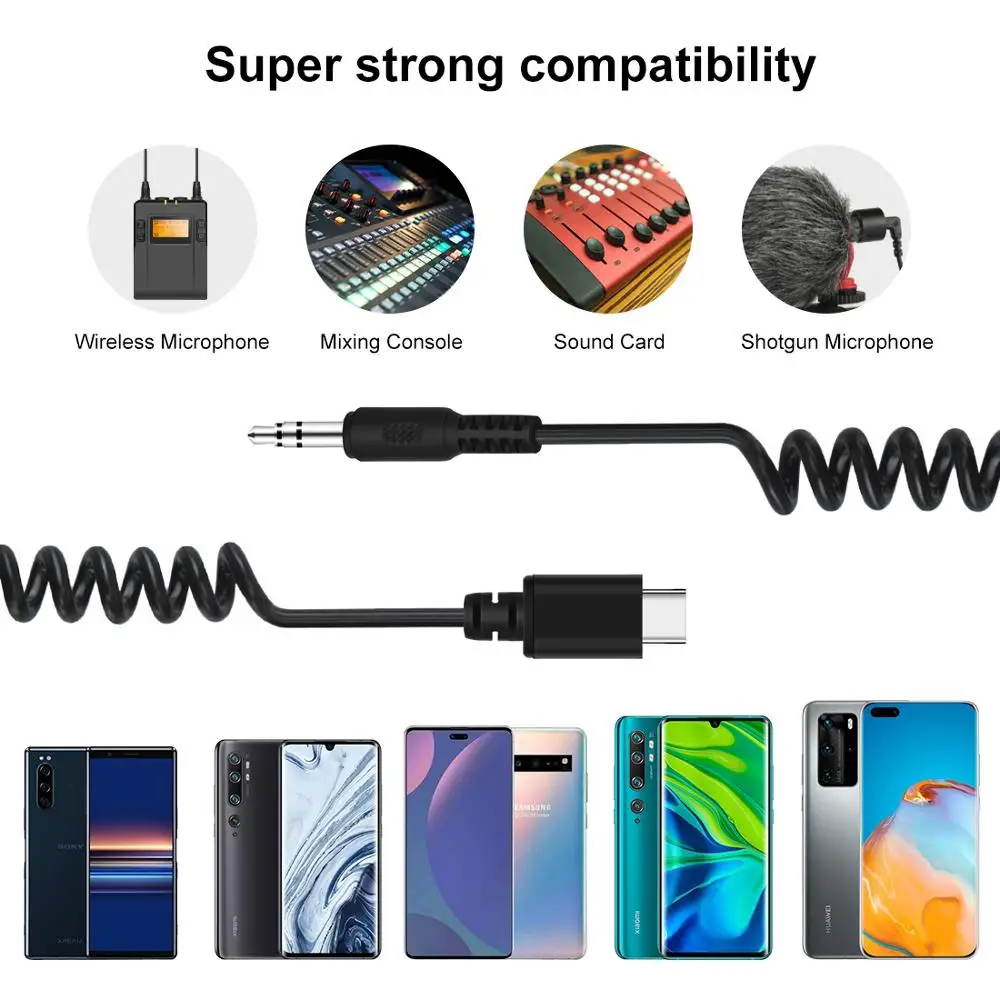 Adaptador de Áudio Puluz 3.5 mm Trrs Macho para Tipo-c Fêmea Microfone ao Vivo Mola Enrolada Cabo para Dji Osmo Pocket Smartphones - Image 4