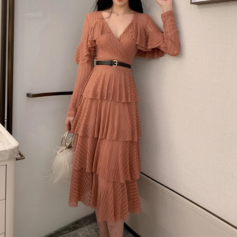 Высокое качество, новинка, дизайнерское платье для подиума, женское платье с длинным рукавом и v-образным вырезом, Каскадное платье с оборками