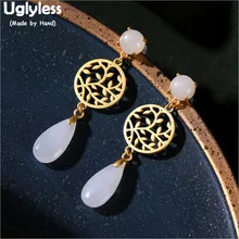 Uglyless Water Drop Jade Earrings Women Hollow Grilles Earrings Gold Plate Real 925 Silver Brincos Handmade Leaves Jewelry E1342