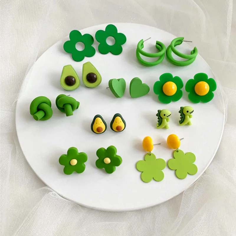 Green Avocado Fruit Stud Earrings For Women Acrylic Flowers Heart Geometric Round Sweet Female Fashion Jewelry | Украшения и