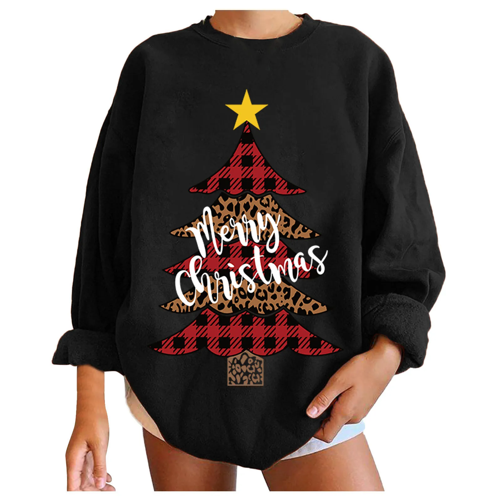 Fashion Christmas Tree Print Hoodies Women Harajuku O-neck Long Sleeve Pullover Streetwear Tops Autumn Female Sweatshirt Sudader 1