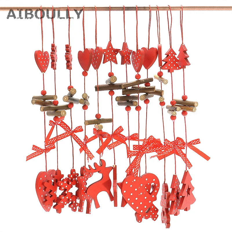 

6PCS/Lot 6 styles DIY Red Snowflake Star Christmas Wooden Hanging Pendants Ornaments Home Party Xmas Tree Kids Gifts Decorations