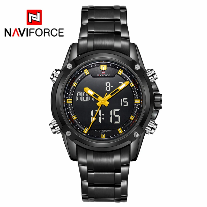 Black Yellow NAVIFORCE бизнес Топ люксовый бренд мужские водонепроницаемые спортивные военные часы Мужские кварцевые аналоговые цифровые наручные часы Relogio masculino - Цвет: Black Yellow