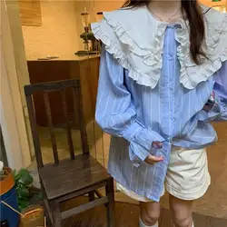 Plus Size 6XL 150KG Spring Women Striped Blouses Long Sleeve Ruffled Neck Women Sweet Shirt Casual Big Size Women Tops