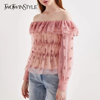 

TWOTWINSTYLE Sweet Style Polka Dot Women Shirt Slash Neck Lantern Long Sleeve Ruffles Blouse Female Fashion Clothing 2020 Tide