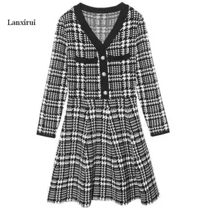 Woman's Houndstooth print Knit dress sweet V-neck Korean style Sweater Dress elegant Female A-line Pullover Party slim Dresses