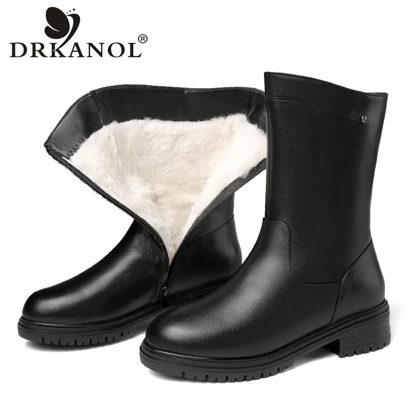 

DRKANOL Winter Women Snow Boots Genuine Leather Round Toe Wool Fur Mid Calf Warm Boots Thick Heel Waterproof Cotton Shoes Botas