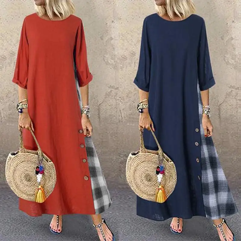 

2019 ZANZEA Women's Check Sundress Autumn Stitching Maxi Dress Casual Long Sleeve Vestidos Female Button Robe Femme Oversized