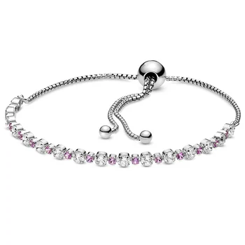 

New 925 Sterling Silver Bracelet Pink And Clear Crystal Sparkle Slider Chain Bracelet Fit Original Bangle Bead Charm DIY Jewelry