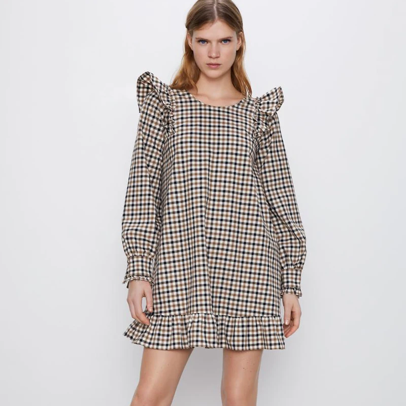 

AGong Casual O Neck Dresses Women Fashion Cascading Plaid Printed Dress Women Elegant Long Sleeve Mini Dresses Female Ladies AD