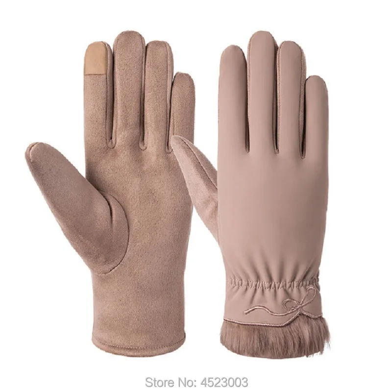 Элегантные женские замшевые перчатки на весь палец Зимние теплые перчатки с сенсорным экраном плюс бархатные утолщенные уличные варежки - Цвет: N902-Khaki