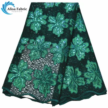 

Alisa Green African lace fabric high quality 2019 wedding dress material 5 yards/pcs French mesh lace with sequins and stones