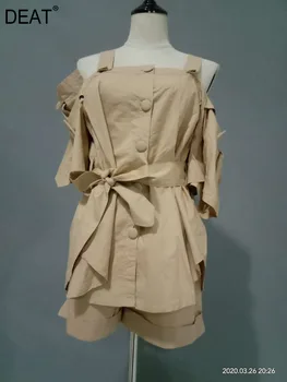 

DEAT 2020 New Summer Clear Stocks Straps Short Sleeves Kahki Color Shorts Set Two Pieces WF34304L