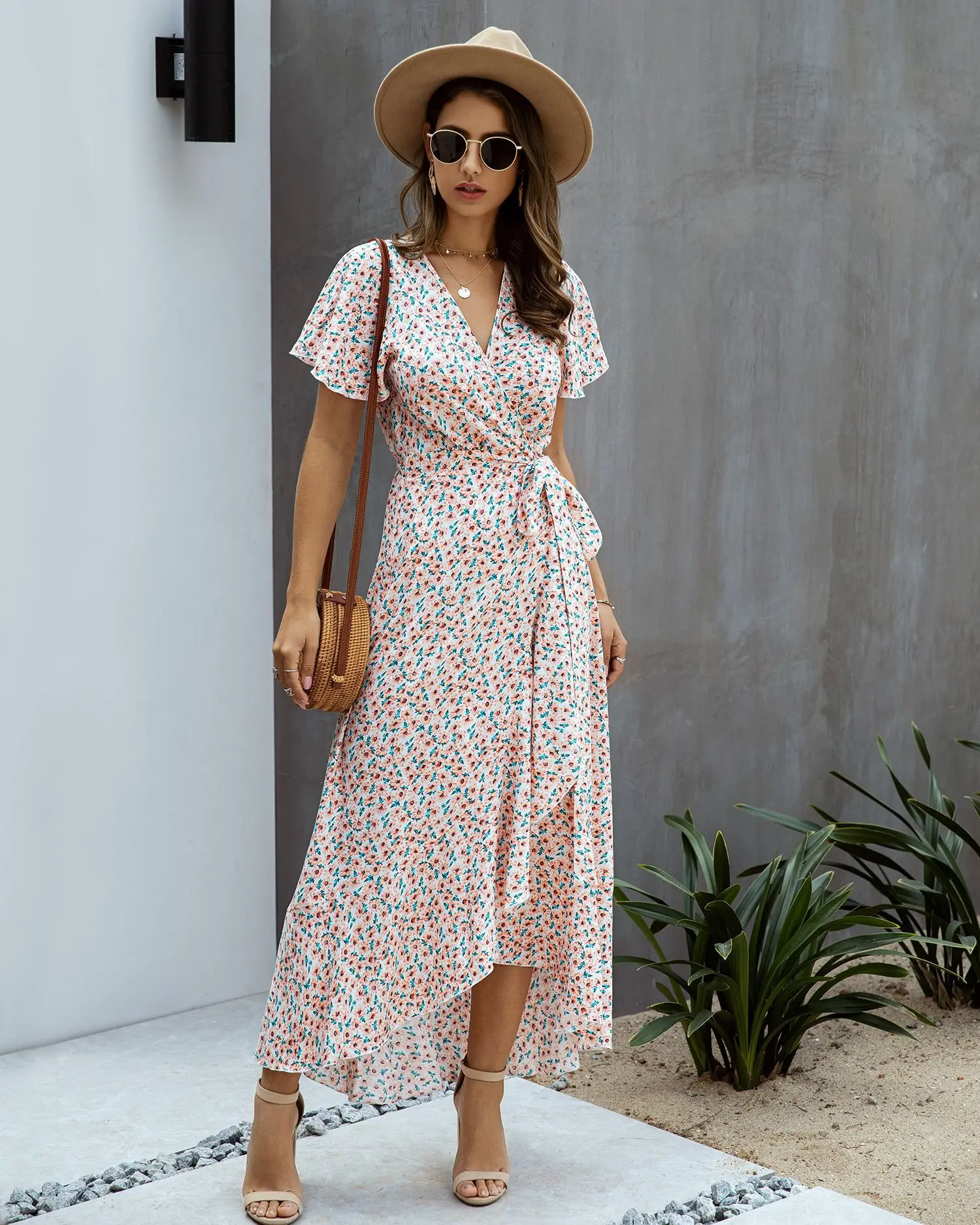 Summer Maxi Dress Women Polka Dot Sexy V Neck Ruffles Short Sleeve Holiday Long Beach Sundress Ladies Lace Up Wrap Party Dresses