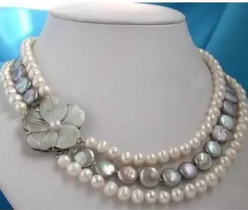 

Free Shipping New natural freshwater Real pearl & coin pearl necklace&shell flower clasp