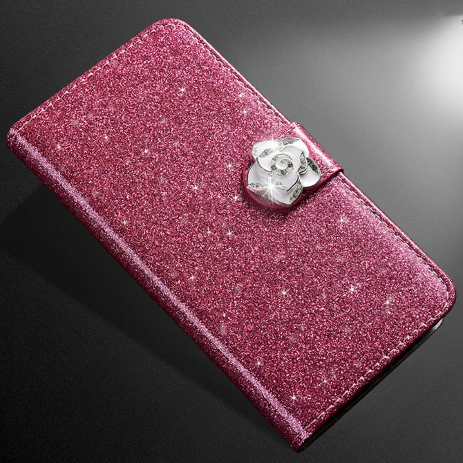 Rose red Camellia Модный, с украшениями в виде бриллиантов, блестящий ПУ флип-чехол для телефона, чехол для huawei P30 mate 20 30 Pro lite Honor 9X pro Play 3 со слотом для карт - Цвет: Rose red Camellia