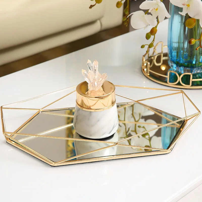 Golden Stroke Storage Tray Nordic Glass Mirror Cosmetic Plate  Desktop Jewelry Display Trays Dressing Table Decoration Ornaments 3