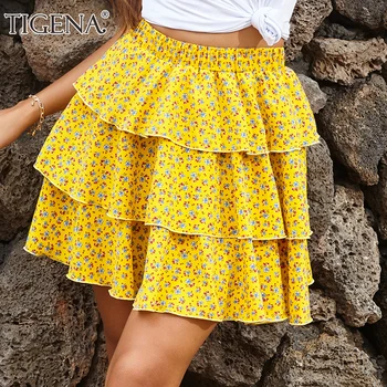 

TIGENA Kawaii Cute Tiered Mini Skirt Women Fashion 2020 Summer Floral Print Boho Beach Holiday High Waist A Line Skirt Female