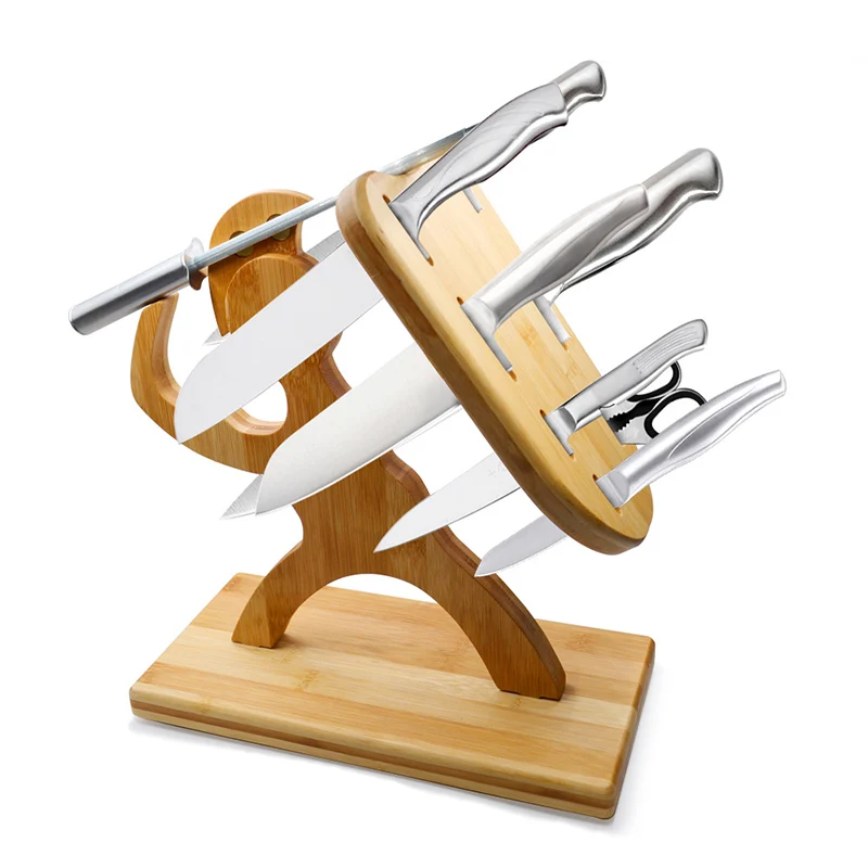 Human Shape Bamboo Wood Knife Holder Solid Kitchen Knife Block Multifunction Storage Rack Scissor Sharpening Stick Organizer