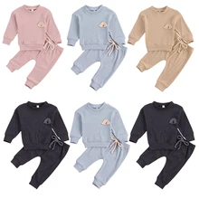 lioraitiin 0-24M Mewborn Baby Girls Boys Solid Color Clothes Set Rainbow Embroidery Long Sleeve O-neck Tops + Long Pants