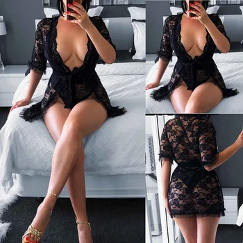 

Women Sexy Lingerie Black Lace Dress Robe Sleepwear Ladies Female See Through Floral Babydolls Nightgown Underwear