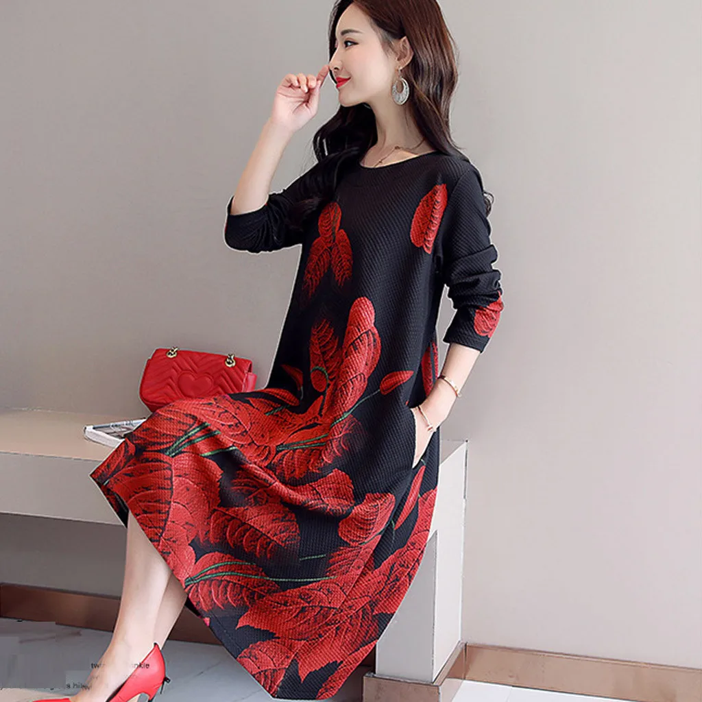 Women Dress Casual Long Sleeve O-Neck Printed Loose Dress Fashion Female Autumn Winter Party Dress Vestidos Plus Size M840