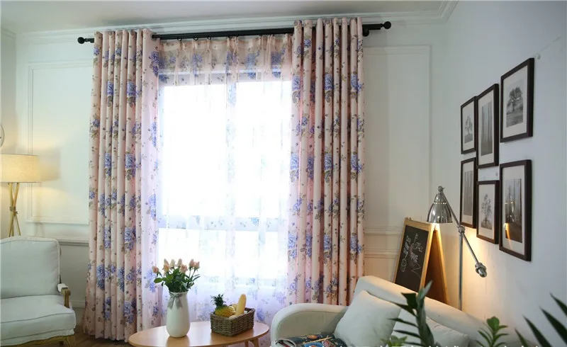 Blue Floral Curtain For Living Room Luxury Semi Blind Drape Window Panel Fabric Curtain For Bedroom Shading Pink Sheer HM386*30