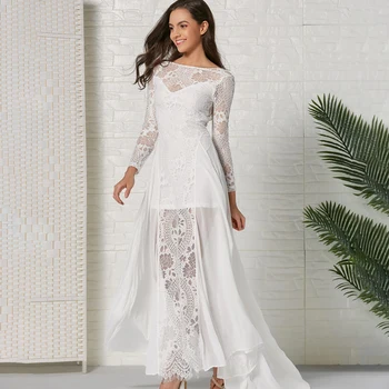

Sexy Backless Mopping Dress New Women'S Dress Long Sleeve Chiffon Lace Perspective White Dress Splice Printed Mesh Robe Longue