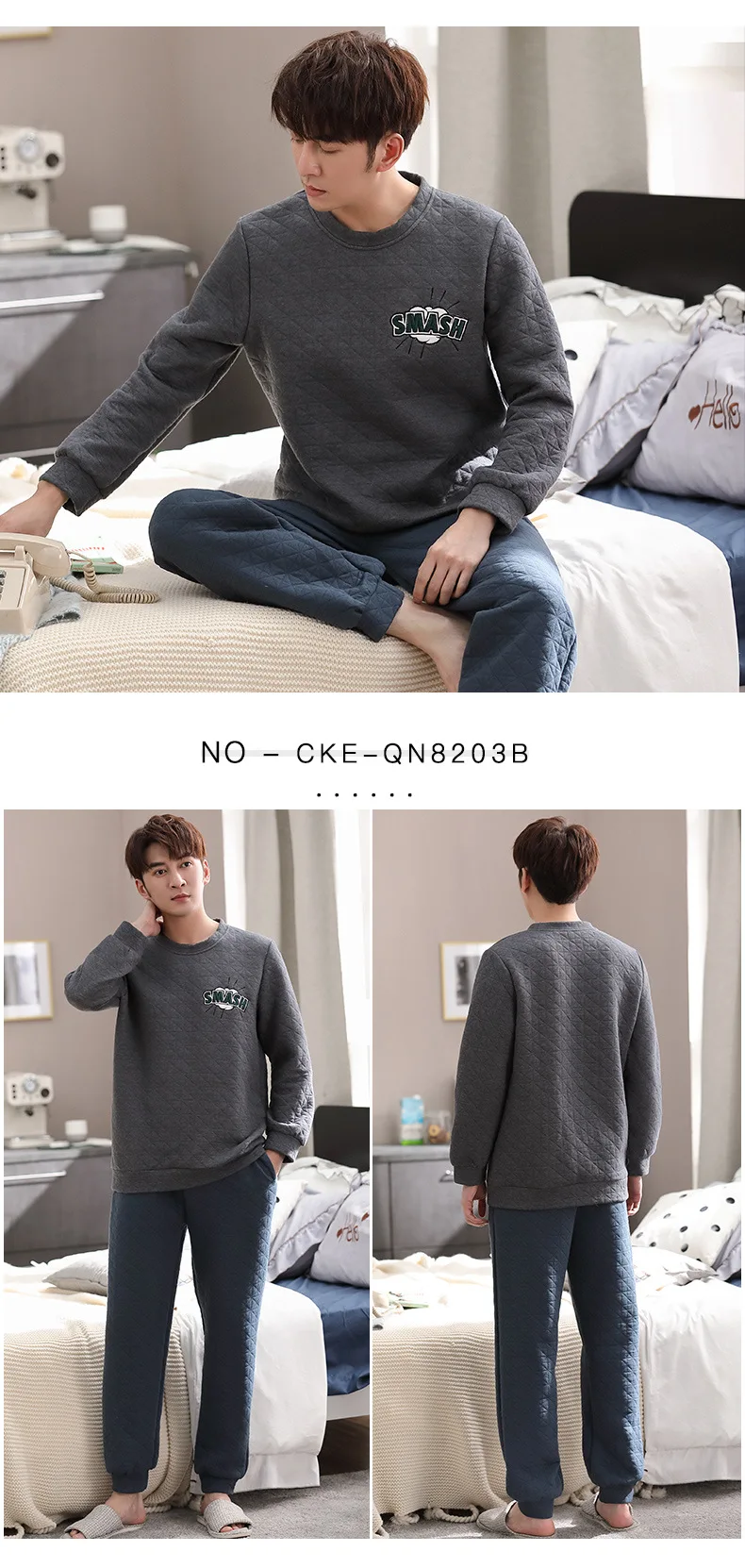 New Men Autumn Winter Daily Pullover Pajamas Set Double-layer Thick Pure Cotton Two Piece Leisure Suit Loose Casual Home Clothes pyjama homme