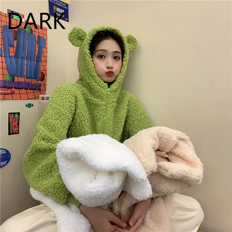 

[DARK](Polar Fleece) Age-reducing Cute Ears Hooded Lamb Fur Coat Female Girlfriend Outfit