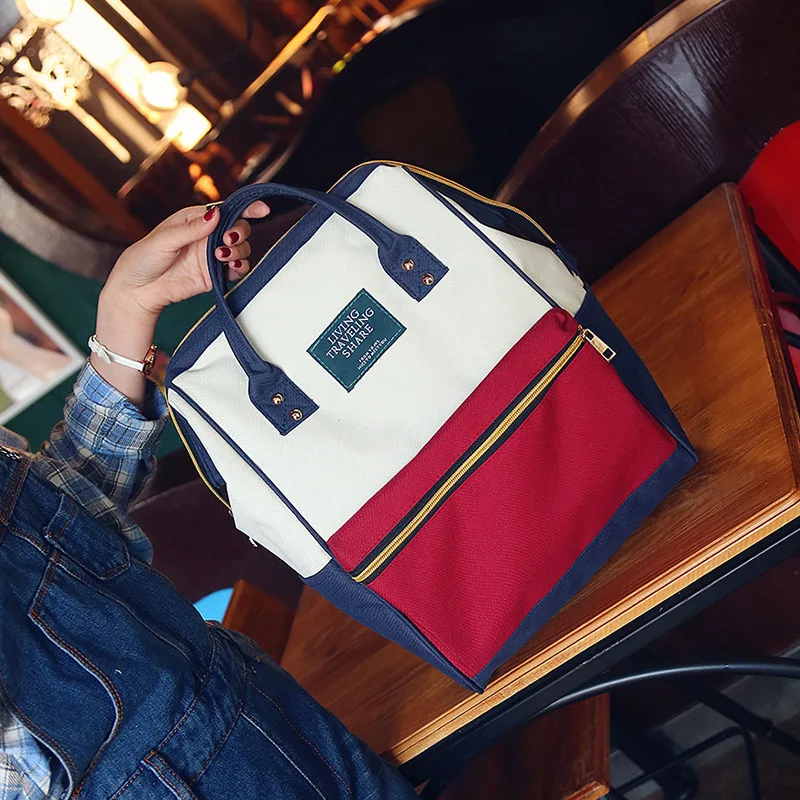 

2017 New Style Backpack Clamping Opening Contrast Color Canvas Hand Backpack Middle School Students School Bag Korean-style Casu