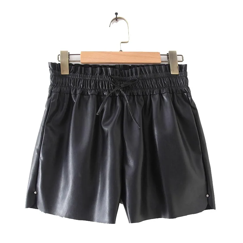 

KZ1915 European Brief Design Elastic Waist Autumn Winter Match All Pu Leather Shorts
