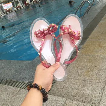 

Bow Rivets Flat Flip-flops Summer Outdoor Beach Fashion Woman Slippers 2020 New Luxury Designer Brand Ladies Shoes Big Size