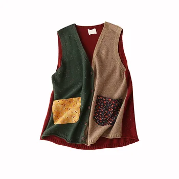 

Vintage Knitting Sweater Vest V-Neck Patchwork Single Breasted Sweater Vest Women Pockets Early 2000s Fashion Clothes Women