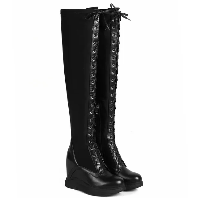 2021 Platform Pumps Shoes Women Genuine Leather Wedges High Heel Over The Knee Boots Female Stretchy Thigh High Fashion Sneakers black