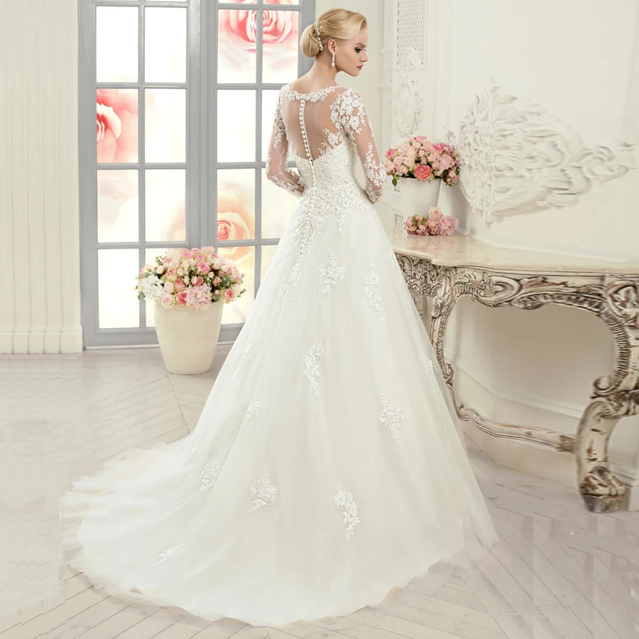 Великолепные Свадебные платья Vestido De Noiva Новое поступление совок с длинным рукавом Аппликация Тюль А-силуэт Свадебное Платье Иллюзия сзади