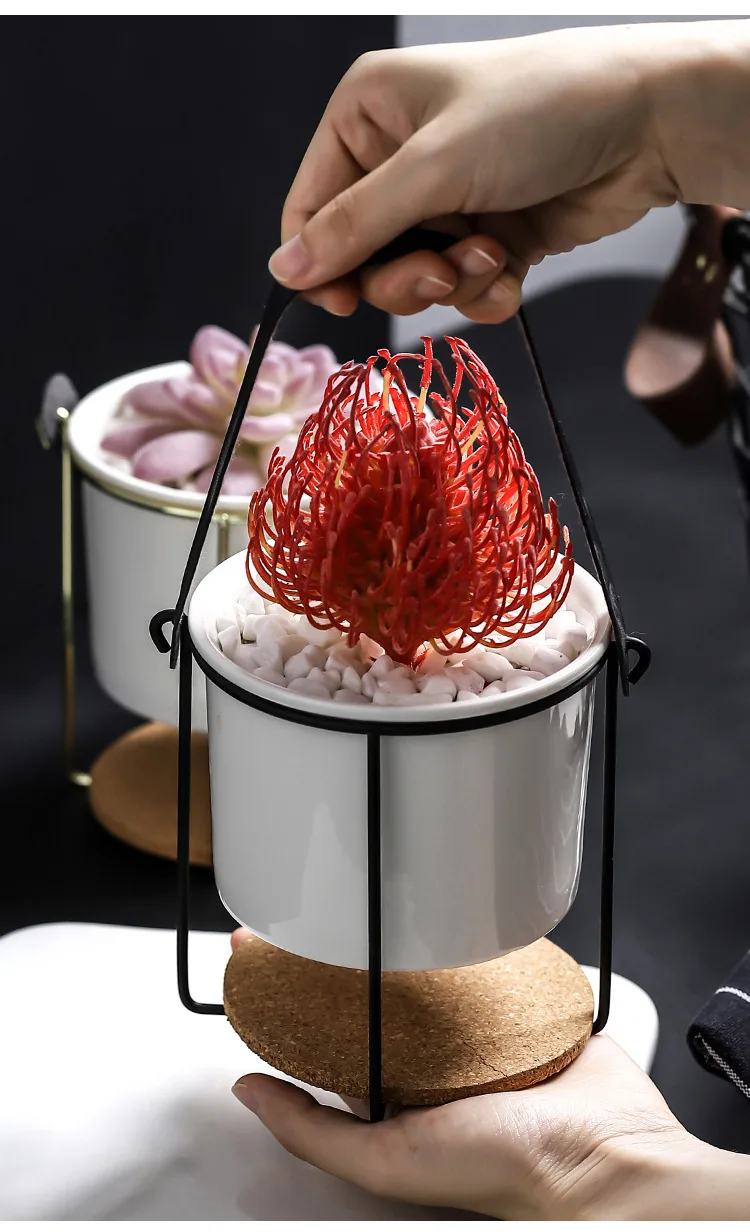 Portable Ceramic Flower Planter Modern Marbling Flower Pot with Metal Rack for Succulents Plants Bonsai Home Garden Decoration