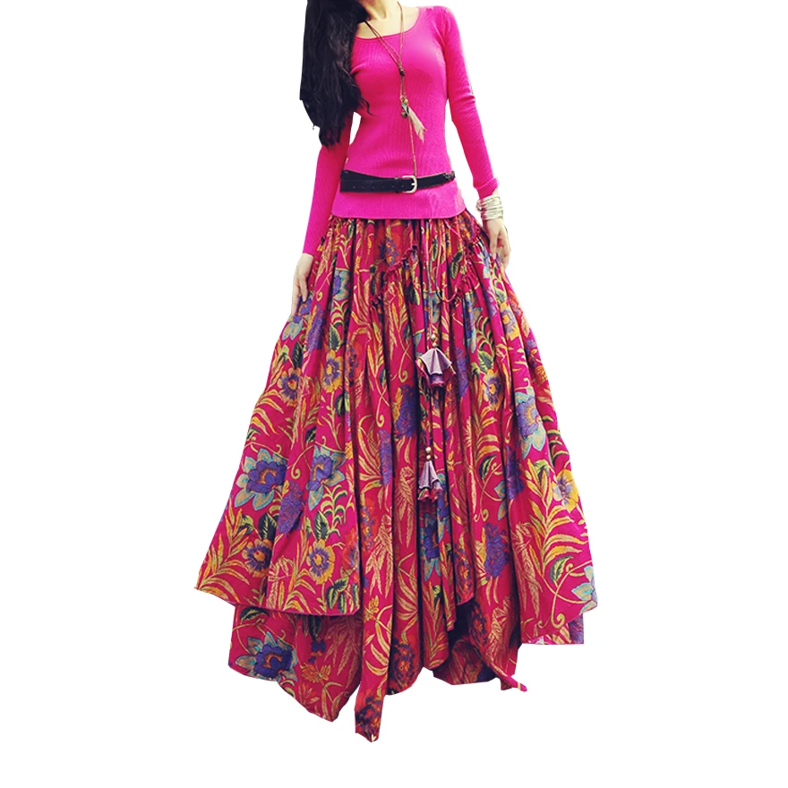 Длинная струящаяся Плотная хлопковая разноцветная юбка с принтом в богемном стиле, льняная юбка с этническим принтом - Цвет: Красный