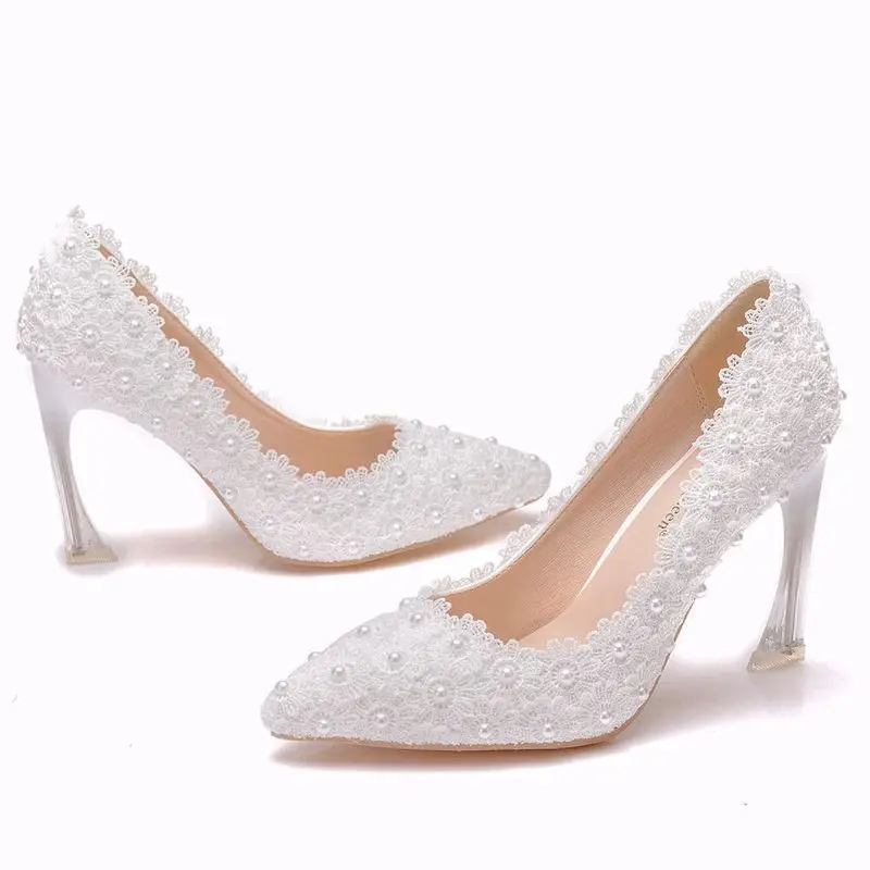 Fashion women thin high heels sexy party shoes women pumps wedding banquet Lace PU Rhinestones Slip On 9.5CM Pointed Toe white