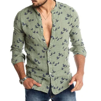 

Mode mannen Casual Turn-Down Knop Shirts Hawaii Print Strand Lange Mouw Blouse Tops Hauts pour hommes Streetwear mannen z0723