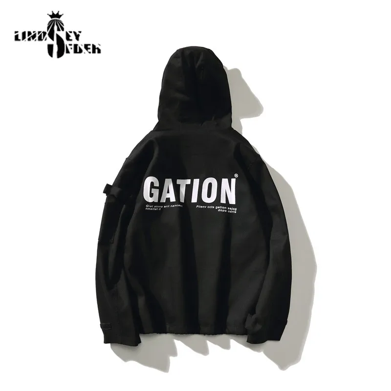 

Men's Jacket Solid Color Pockets CATION Print on Back Adjustable Cuff Jackets Hoodie Coat Tracksuit Zipper Coat Outwear