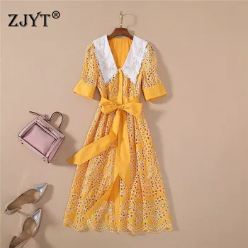 

Runway Dress High Quality Women Fashion Summer Clothes Short Sleeve Lace Up Hollow Out Embroidery Cotton Vintage Holiday Dress
