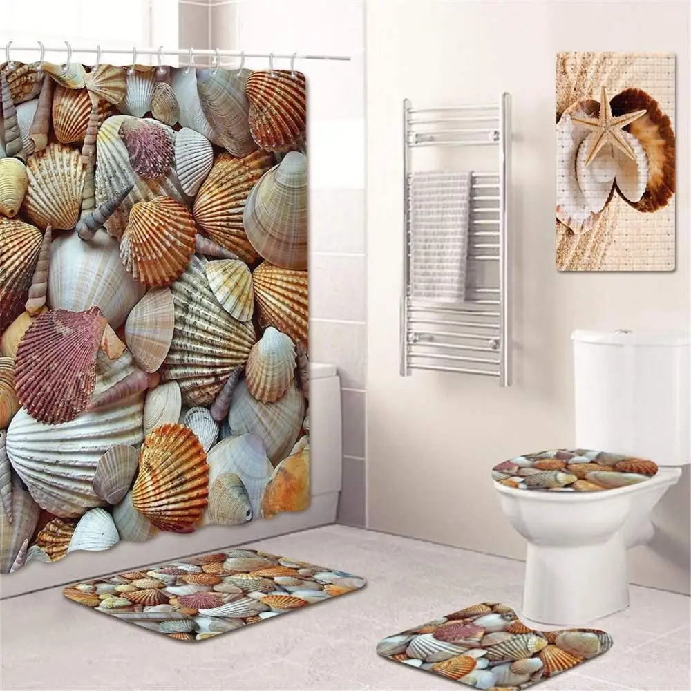 

Shell Starfish Marine Life Pattern Waterproof Shower Curtain Mildew Proof Carpet Four-Piece Combination Home Decoration